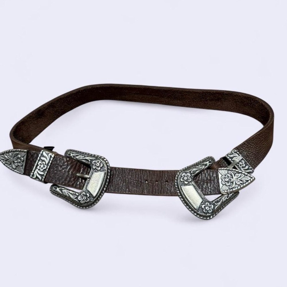 Brown Leather Belt with Silver Buckles